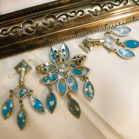 Vintage CELEBRITY Faux Turquoise Floral Brooch Pendant Earrings Set ~ DESIGNER - Picture 15 of 16
